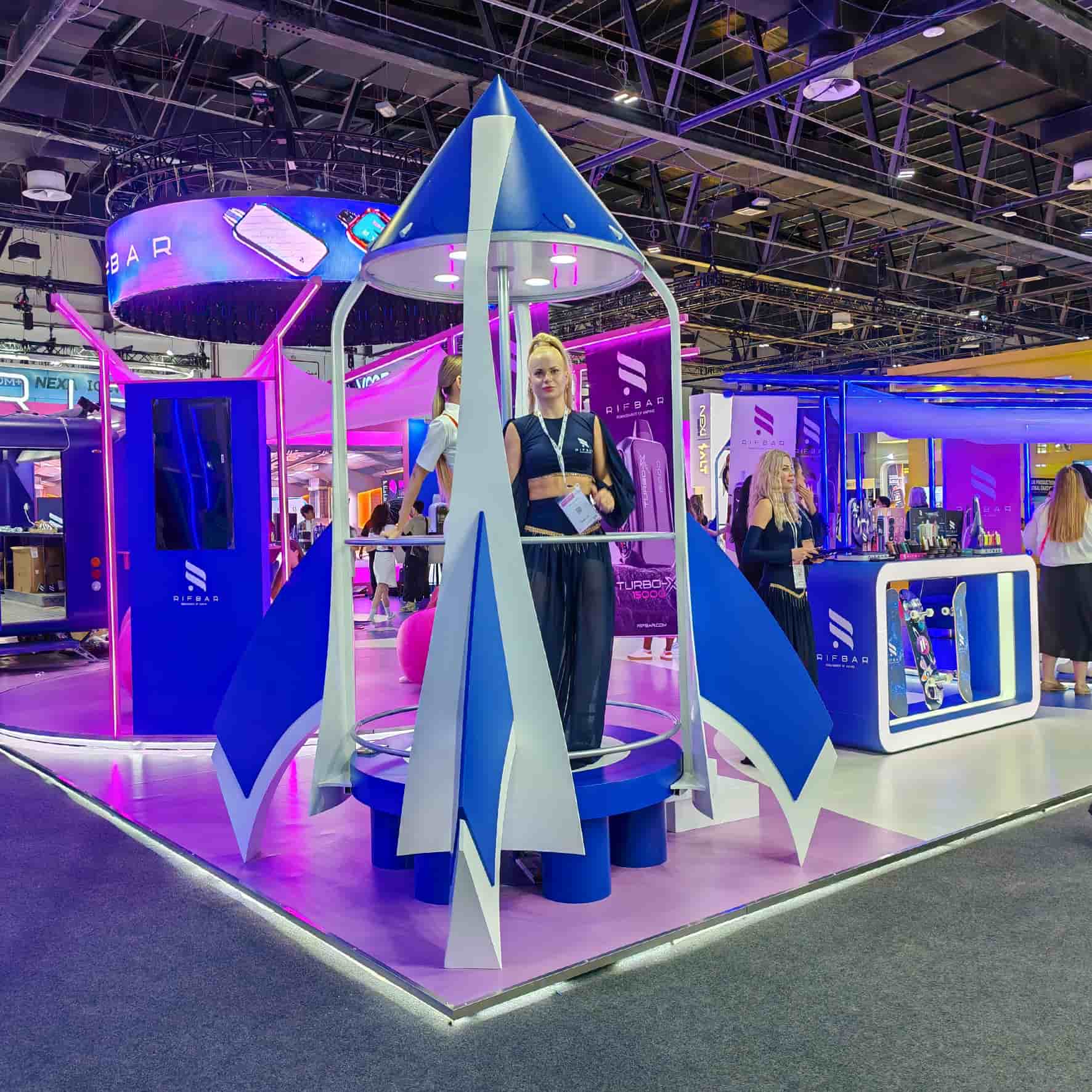 Cyberpunk Neon Vaping Tech Exhibit Intelligent RGB Ambience Sci-Fi Modular Vape Booth